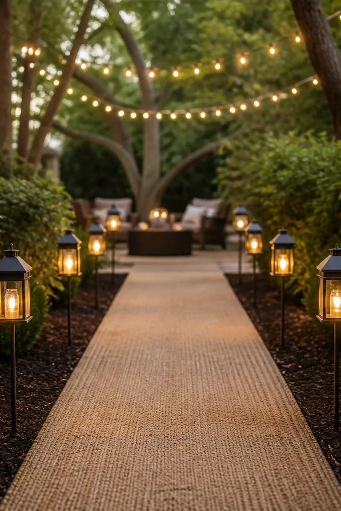 A backyard walkway lined with small metal lanterns on low stands, each lantern holding a warm amber bulb; soft string lights hang overhead, and the ground is covered with a neutral runner path.