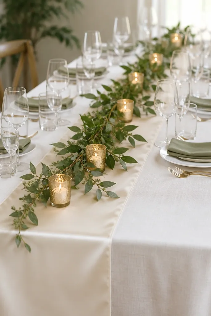 A long banquet table set with white woven linen cloth, then a cream satin runner centered on top; small candleholders sit along the runner with greenery strands.