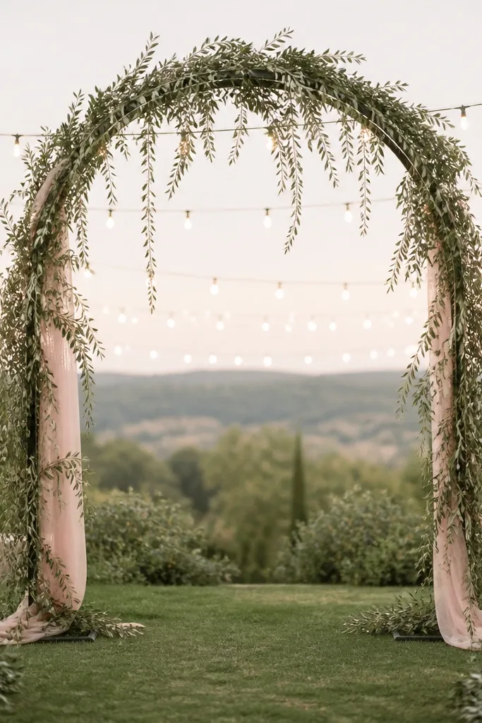 A simple metal arch at the ceremony area wrapped with olive greenery and soft draping vines; warm string lights glow behind it, with a few blush fabric accents.