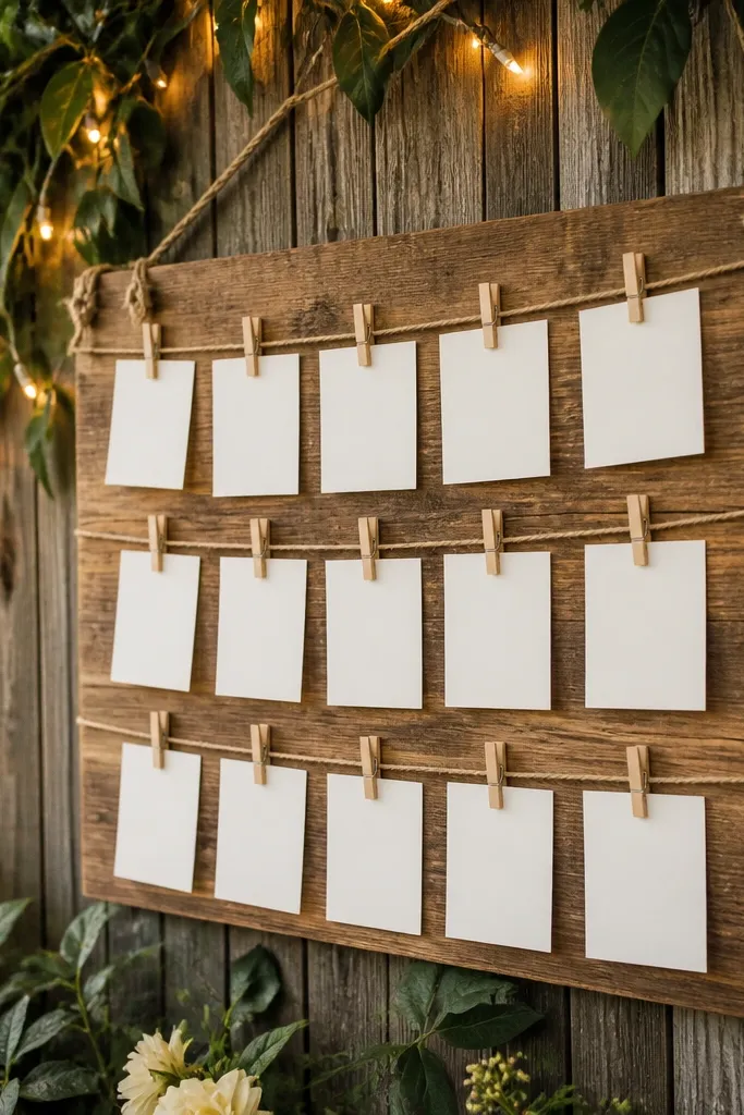 A wooden plank hung on a fence with twine strings, each place card clipped with mini clothespins; the backdrop has warm string lights and greenery.
