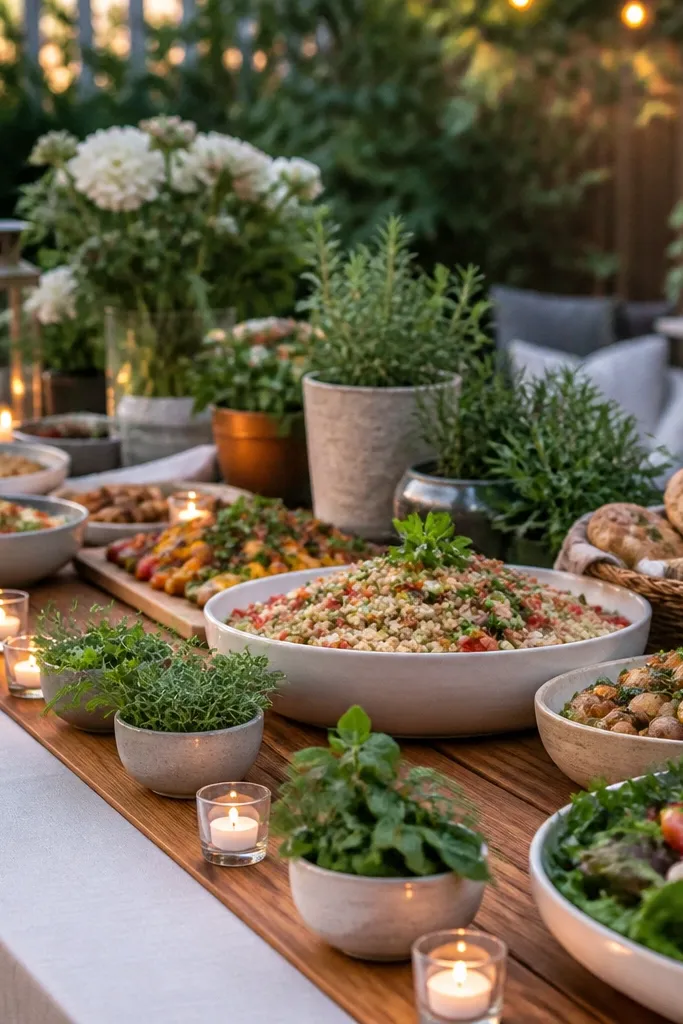 A backyard buffet spread on a long table with a warm wood-toned runner, small herb bowls, and tea lights along the edge.