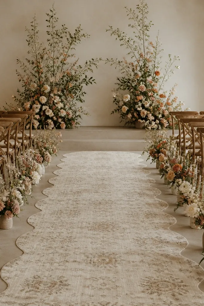 A wedding aisle made from a neutral patterned rug with soft scalloped edges, lined by small vases of warm-toned flowers on both sides.