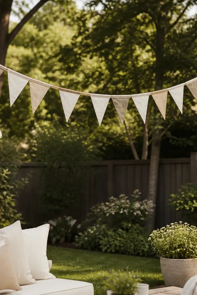 A backyard decorated with simple rope and fabric bunting in cream and warm taupe, strung between posts with small tassel ends visible.