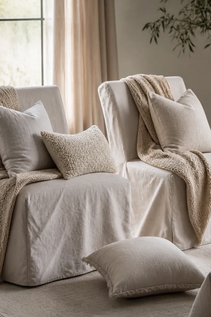 Guest chairs dressed with simple chair covers and knit throws in oatmeal and cream, with two or three loose pillows scattered for a cozy look.