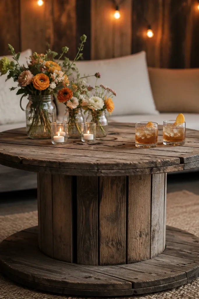 A rustic cable spool used as a cocktail table, with amber-colored drink signage and small jars holding flowers on top; warm lights glow behind.