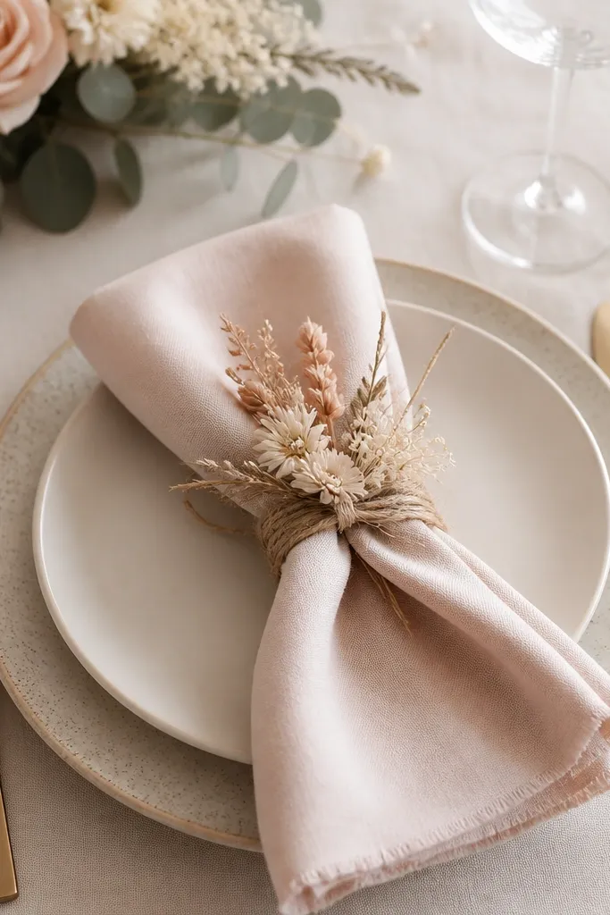 Napkins tied with simple dried flower napkin rings in blush and cream tones, placed on individual place settings.
