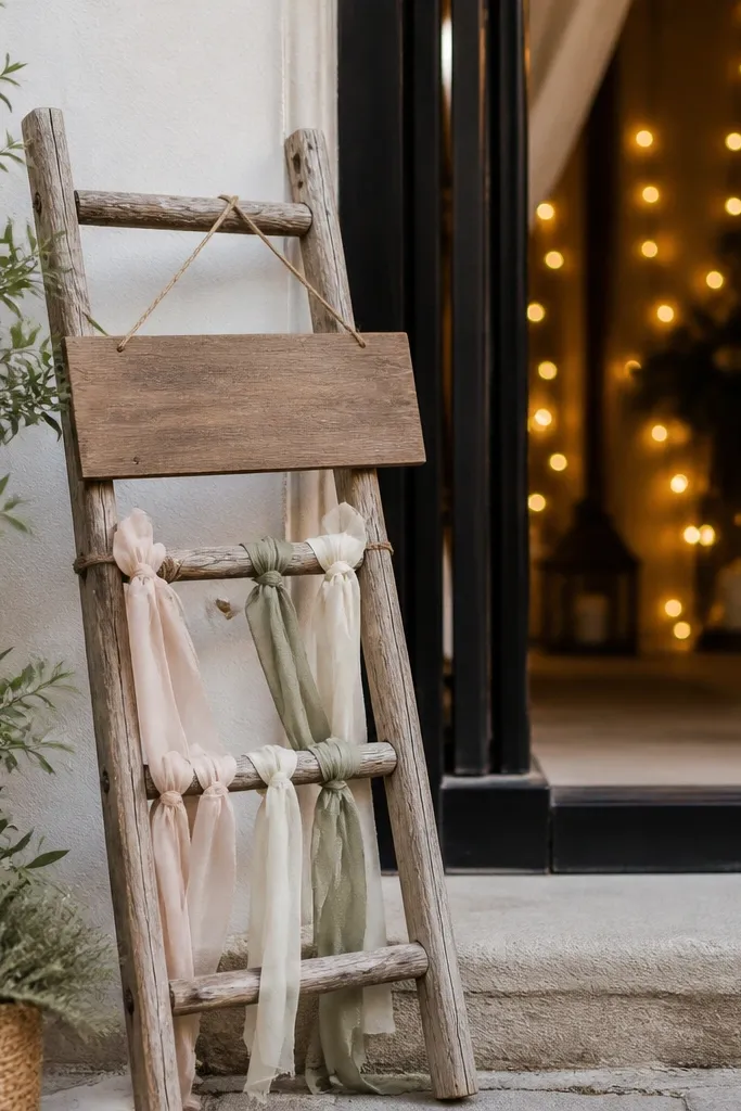 A small ladder leaning near the entrance with a welcome sign attached, plus fabric ribbon ties hanging from the rungs and warm string lights behind.