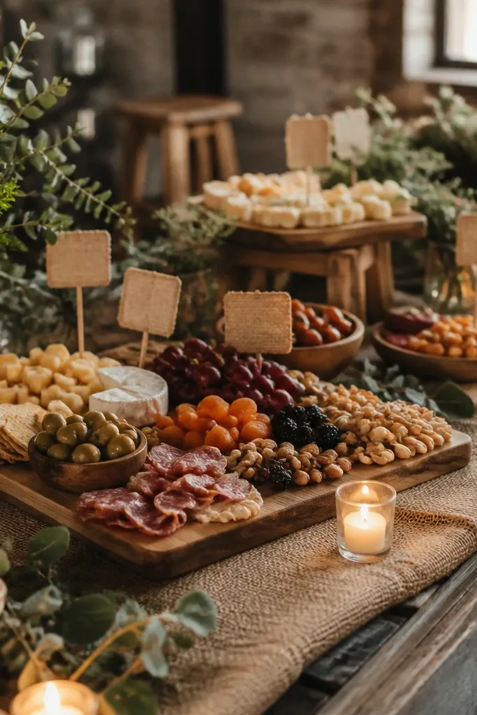 A bar snacks table covered with burlap boards and small labels, with warm tea lights placed along the edges and greenery accents.
