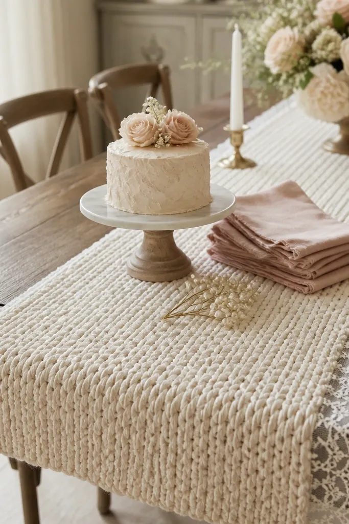 A long table covered with a cream faux-knit runner; the runner has a slightly chunky weave. Along one edge, a strip of white lace peeks out. On top sit a small cake stand, blush napkins, and tiny pearl picks clustered near the center.