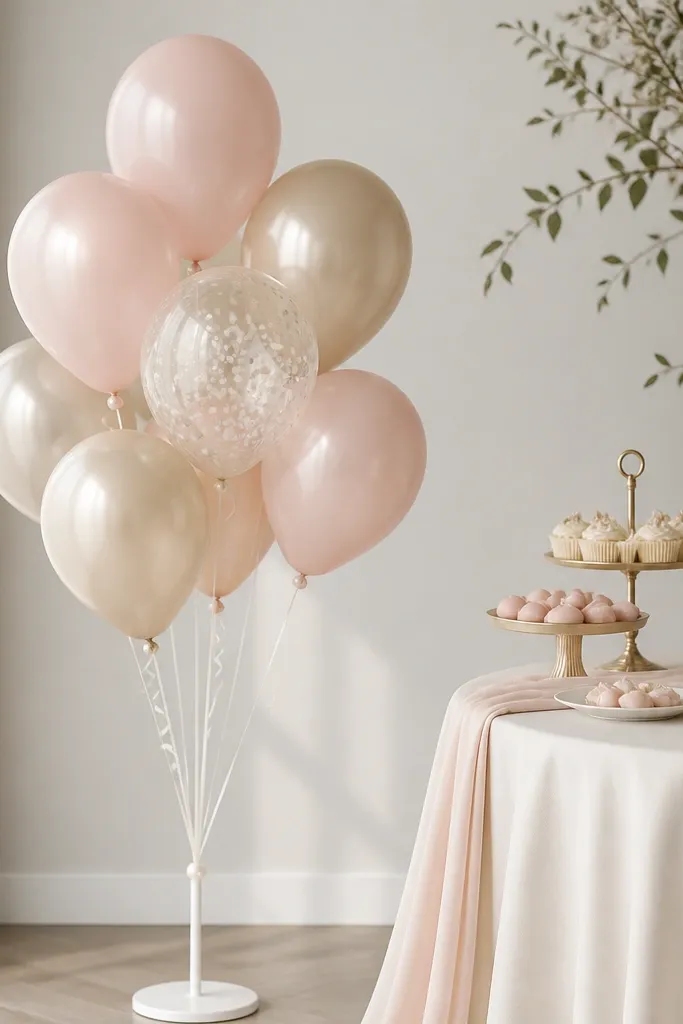 A cluster of balloons in blush, champagne, and one clear balloon filled with tiny white confetti. Each balloon tie is wrapped with thin pearl-white ribbon, and the cluster sits on a small white stand near the dessert table.