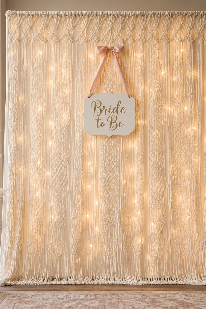 A tall fabric backdrop panel with a macrame-inspired pattern in warm cream. Warm white string lights are threaded behind it, creating a soft glow. A small "Bride to Be" sign hangs centered with blush ribbon.