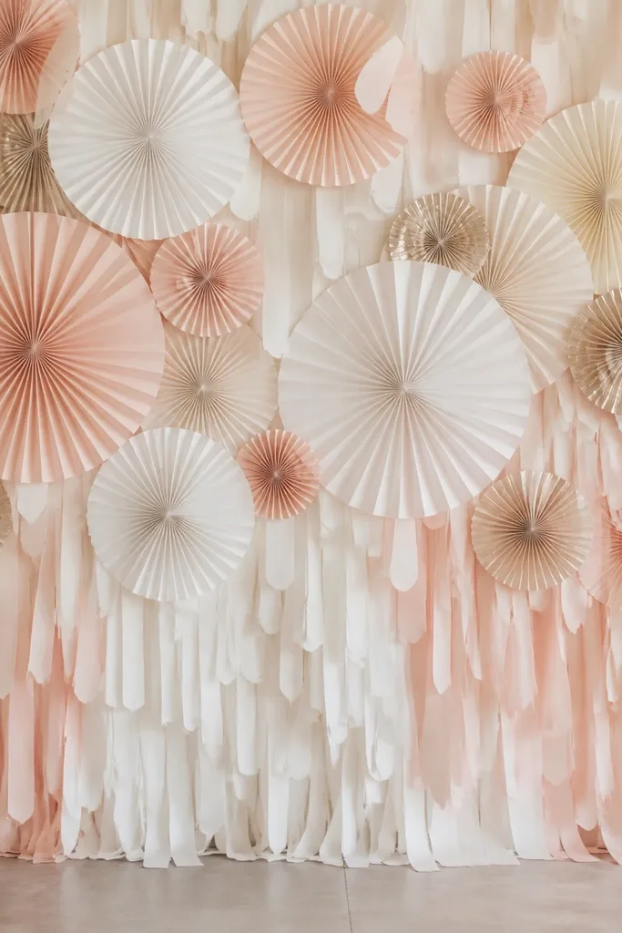 A backdrop wall covered with layered paper rosettes and fringe cutouts in warm white and blush. The rosettes vary in size, and a few champagne-toned pieces are scattered for contrast.