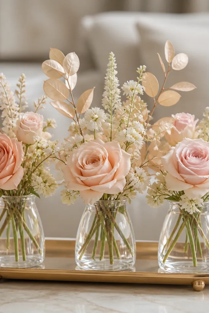 Three small tabletop arrangements in bud vases. Each vase has blush silk flowers, cream filler, and a few champagne-toned leaves. No foam is visible; the stems are arranged loosely and sit on a tray.