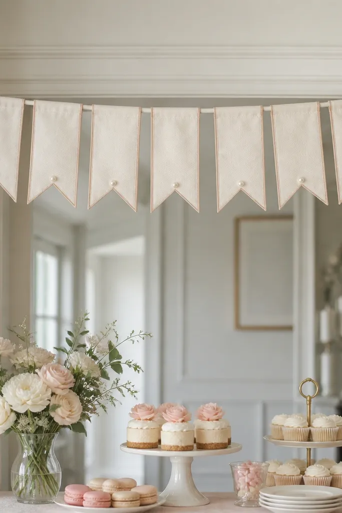 A tension rod across a doorway or above a dessert table with small fabric pennants. Each pennant is warm white with blush lettering and a tiny pearl dot accent.