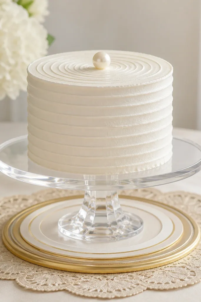 An acrylic cake stand on top of a champagne-colored doily. Under the stand is a round layered placemat effect in warm white and gold. The cake is centered with a small pearl topper.