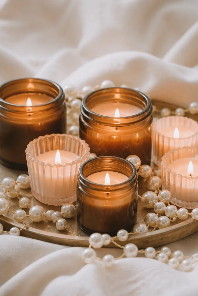 A group of small candles in amber glass and blush-colored votive holders on a tray. The candles are surrounded by pearl garland and a soft cream tablecloth.