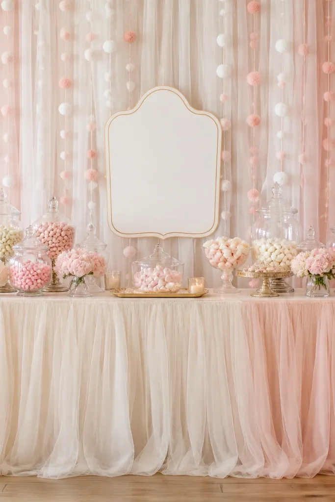A candy table draped with warm white and blush tulle panels behind jars of sweets. A garland of small pom poms hangs down in clusters, and a sign sits in the center.
