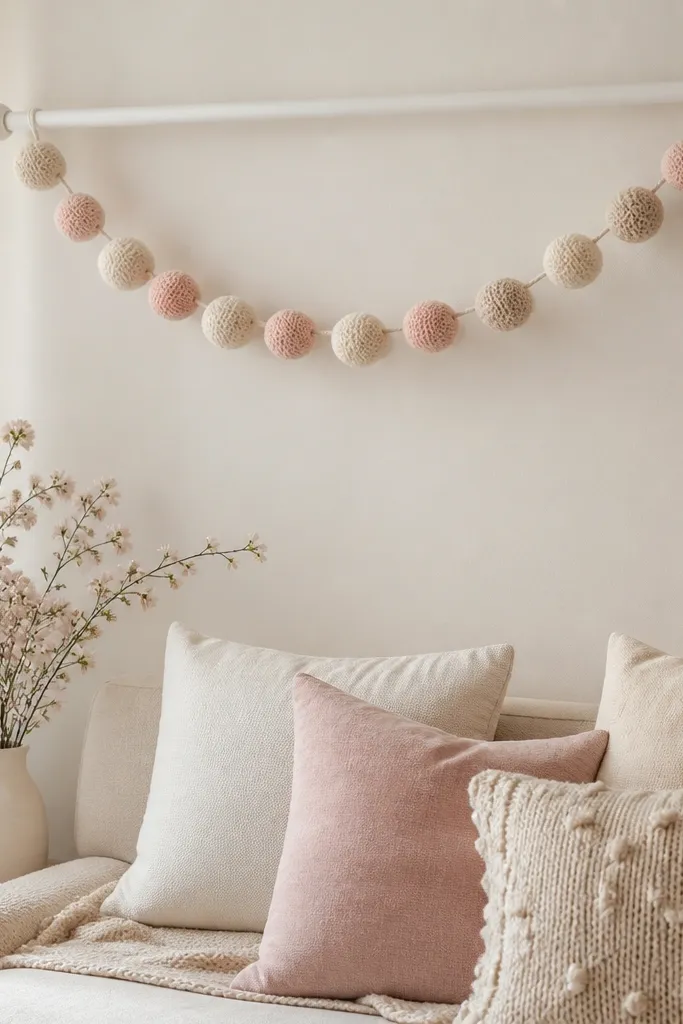 A white curtain rail with a knit-textured garland made of pom poms. The garland is in cream and blush tones, draped lightly across a wall above a seating area.