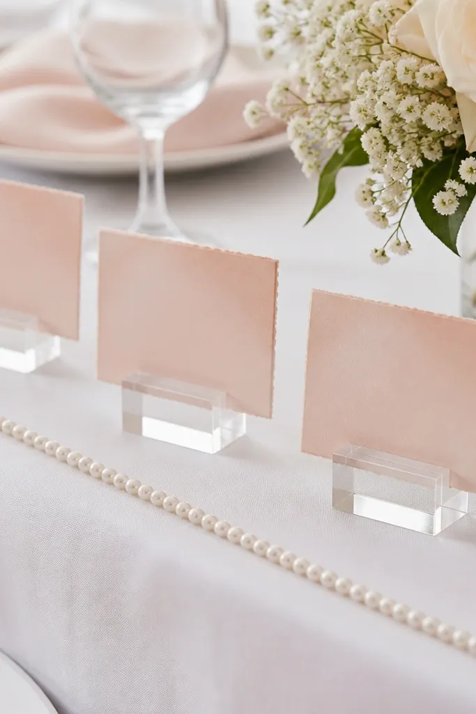 Small place card holders made from clear acrylic stands with blush cards. A thin pearl string runs along the table edge, and the cards have handwritten-style "Bride Squad" wording.