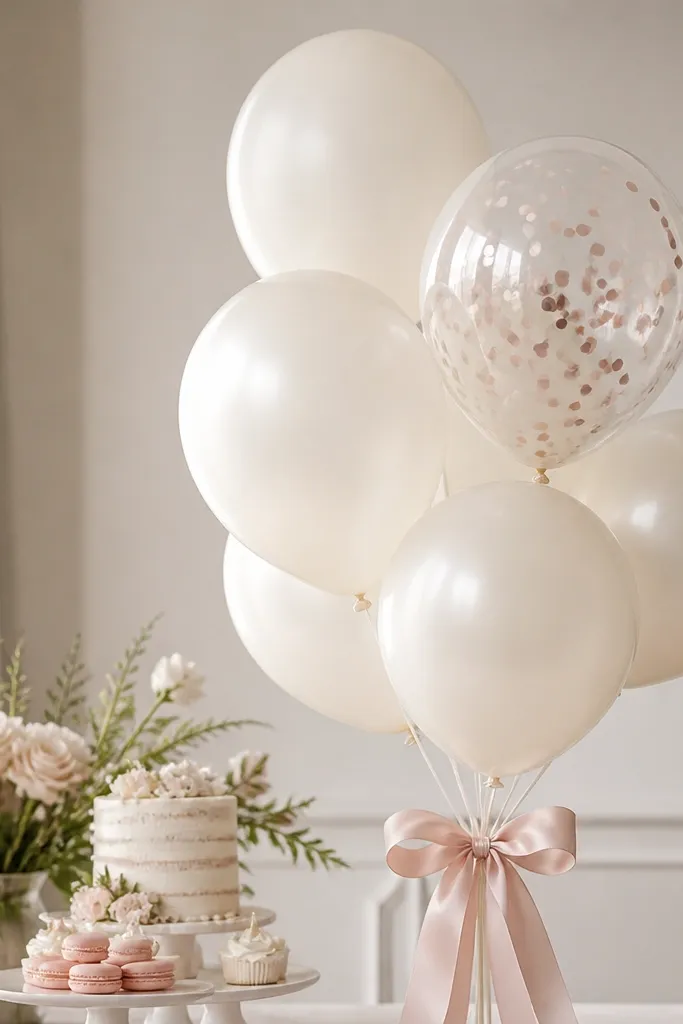 A bouquet arrangement of balloons tied with blush ribbon, placed like flowers at the dessert table. The balloons include one clear balloon with confetti and several warm white balloons.