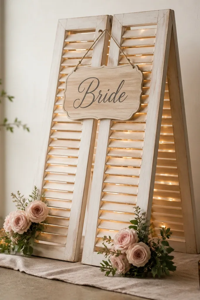 Two pale wood thrifted window shutters leaned in an A-frame on a linen table runner. Warm white fairy lights are tucked behind the slats, and a hand-lettered "Bride" sign hangs from the top slat. Small clusters of faux blush roses sit at the bottom corners, with amber glass votives placed on the floor in front.