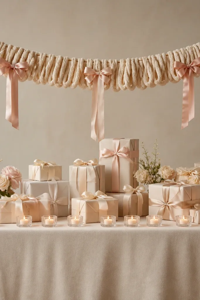 A gift table covered in cream linen with a low canopy made from thick warm knit yarn strips. The yarn is tied in short loops to a thin wire frame stretched between two stands, forming a soft arch above the gifts. Small blush and champagne satin bows hang at three points, and a row of tiny tea lights sits along the front edge in clear acrylic holders.