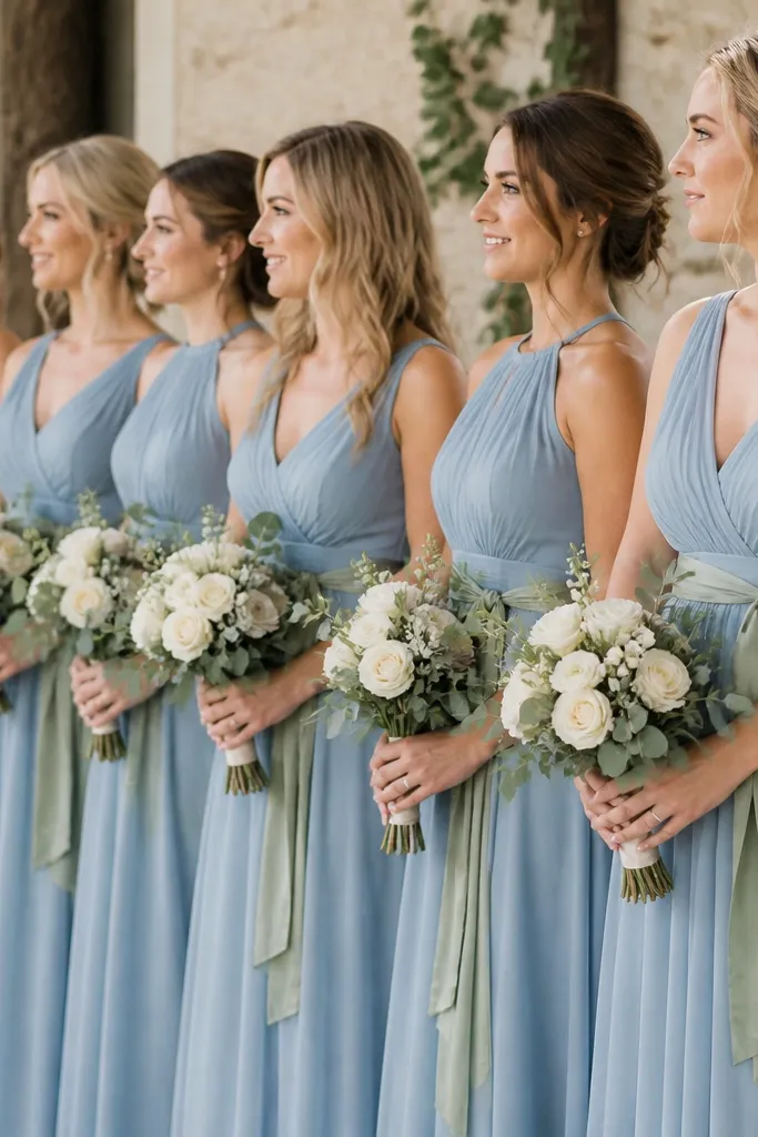 A row of bridesmaids wearing dusty blue chiffon dresses with flowing skirts. Each has a matte sage green crepe sash tied at the natural waist, and they hold simple ivory bouquets with eucalyptus and small cream flowers.
