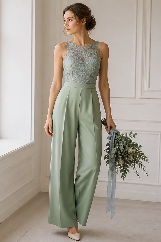 A fitted sage green jumpsuit with wide-leg trousers and a tailored waist. The bodice has dusty blue lace overlay, and the model wears cream heels and a small bouquet of sage-toned greenery and dusty blue ribbons.