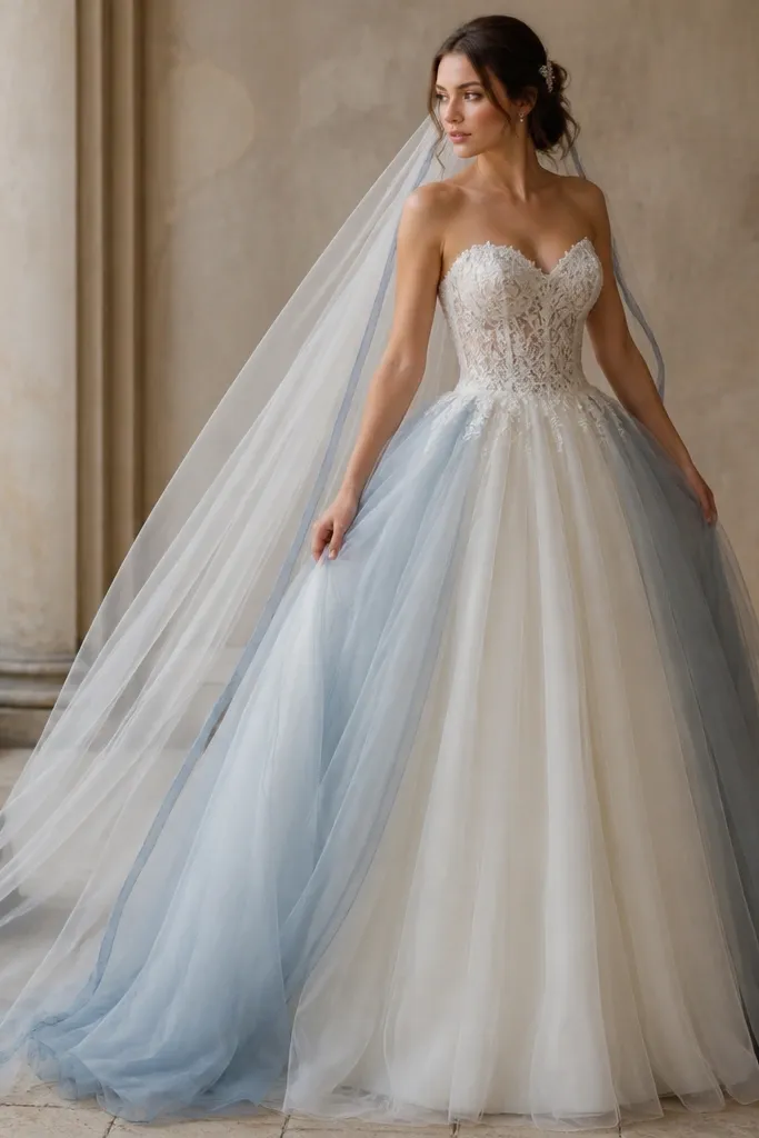 An ivory wedding gown with a fitted bodice and a full skirt. Over the skirt is a dusty blue tulle overskirt that forms a soft cloud effect, and the veil is ivory with a dusty blue edge.