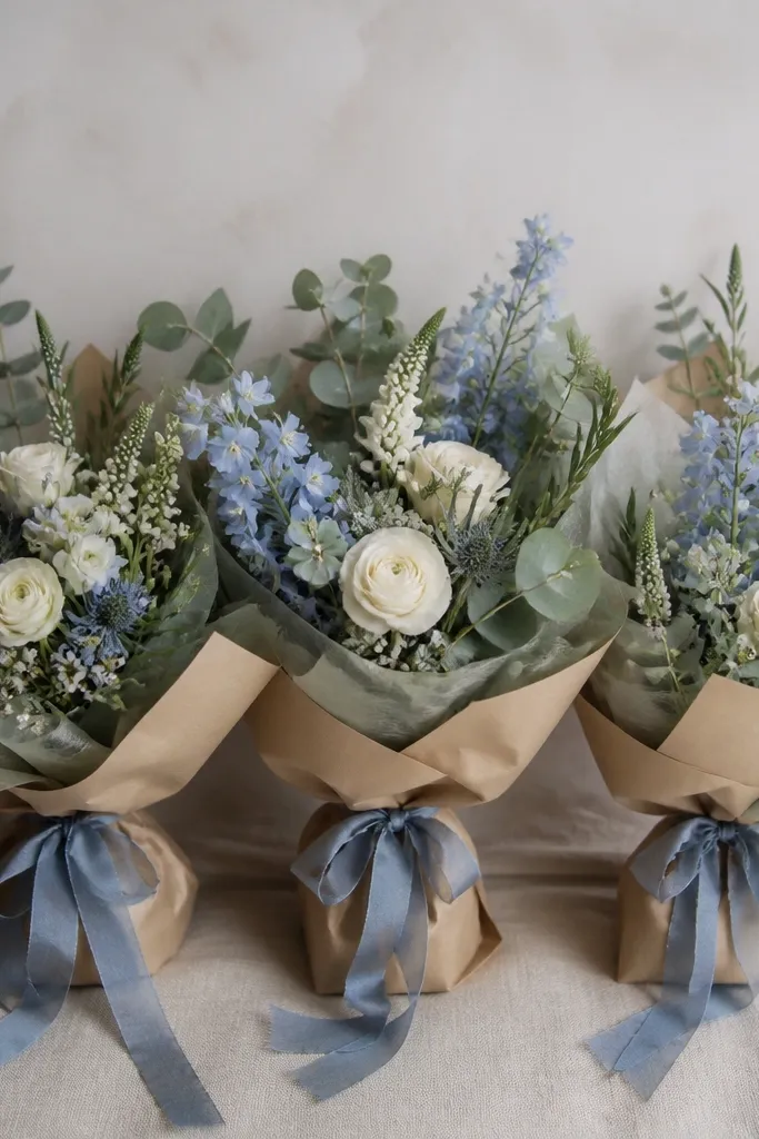 Three bridesmaid bouquets: dusty blue small blooms mixed with cream flowers and lots of eucalyptus leaves. The wrapping paper is soft kraft with sage tissue and a dusty blue ribbon tie.