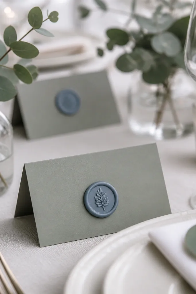 Matte sage green place cards on a table, each sealed with a small dusty blue wax stamp. The cards sit in front of ivory plates, and the surrounding decor includes eucalyptus stems in short glass vases.