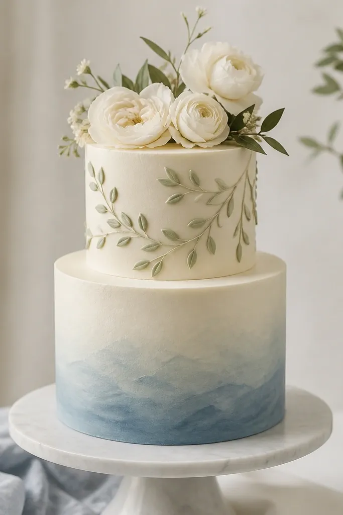 A two-tier wedding cake frosted in matte ivory buttercream. There are dusty blue ombre accents on one tier and sage green piped buttercream leaf details on the other, finished with cream florals on top.