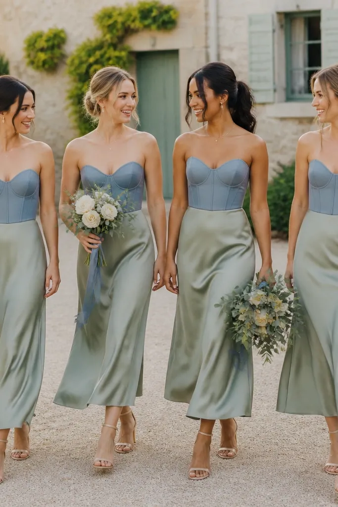 Bridesmaids wearing sage green satin midi skirts paired with dusty blue corset-style tops. The skirts catch light softly, and bouquets include eucalyptus and cream blooms with dusty blue ribbon.