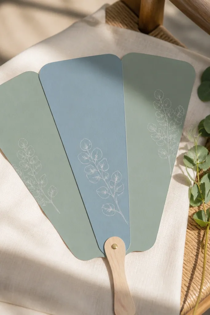 A paper wedding fan program with sage green outer panels and dusty blue inner text blocks. The design is matte with simple line art of eucalyptus leaves, and it rests on a chair with a cream napkin.