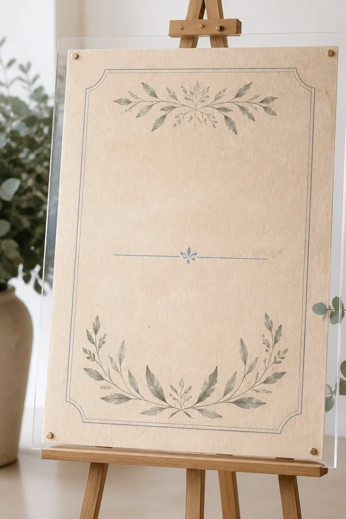 A textured kraft welcome sign on an easel with dusty blue lettering and sage green leaf accents. The sign sits inside a clear acrylic frame, and behind it there are potted eucalyptus plants.