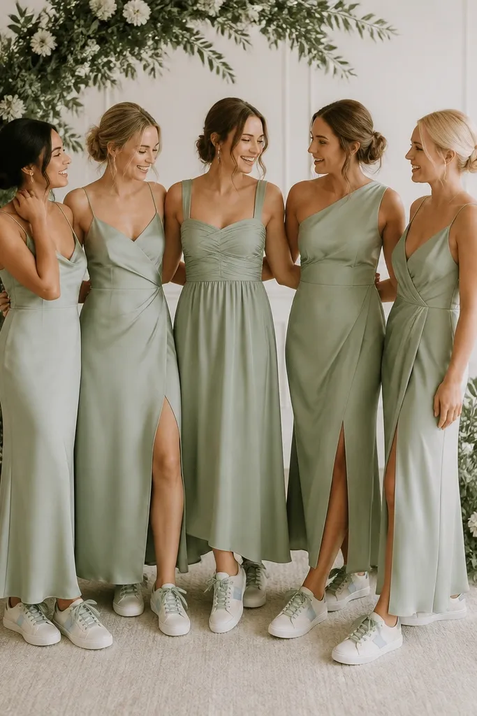 A pair of white sneakers with sage green laces and dusty blue side panels. Several bridesmaids stand on a cream rug next to an arch of greenery, wearing the sneakers with matching sage ribbon on the shoelaces.