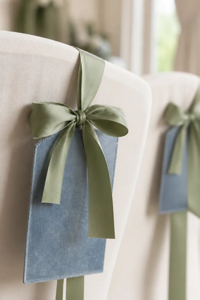 Small dusty blue velvet seating cards attached to chair backs with sage green ribbon bows. The cards have cream printed names and the chairs are dressed with ivory fabric covers.
