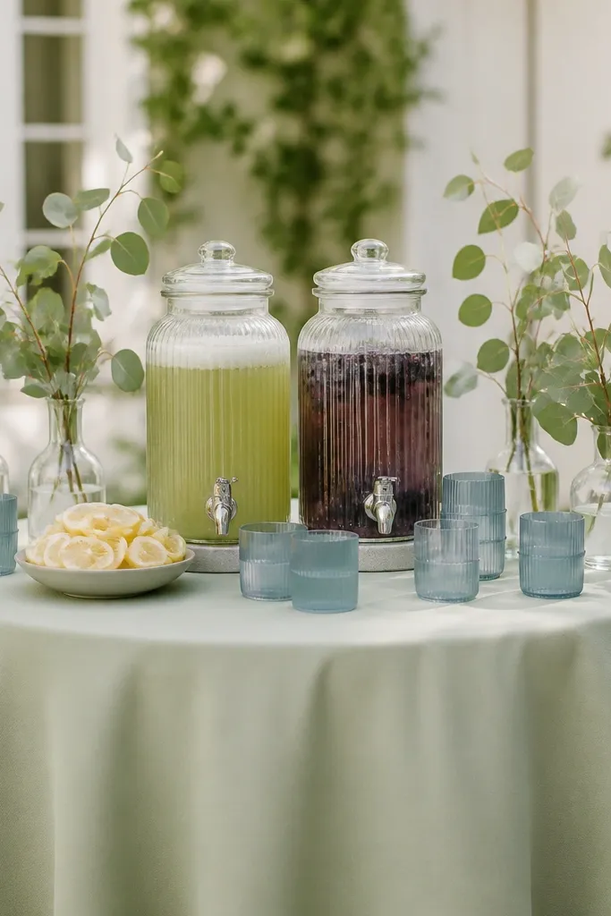 A cocktail table dressed with sage green linens and dusty blue accent cups. There are clear jars labeled with sage syrup and dusty blue berry mix, plus cream citrus slices and eucalyptus stems in small vases.