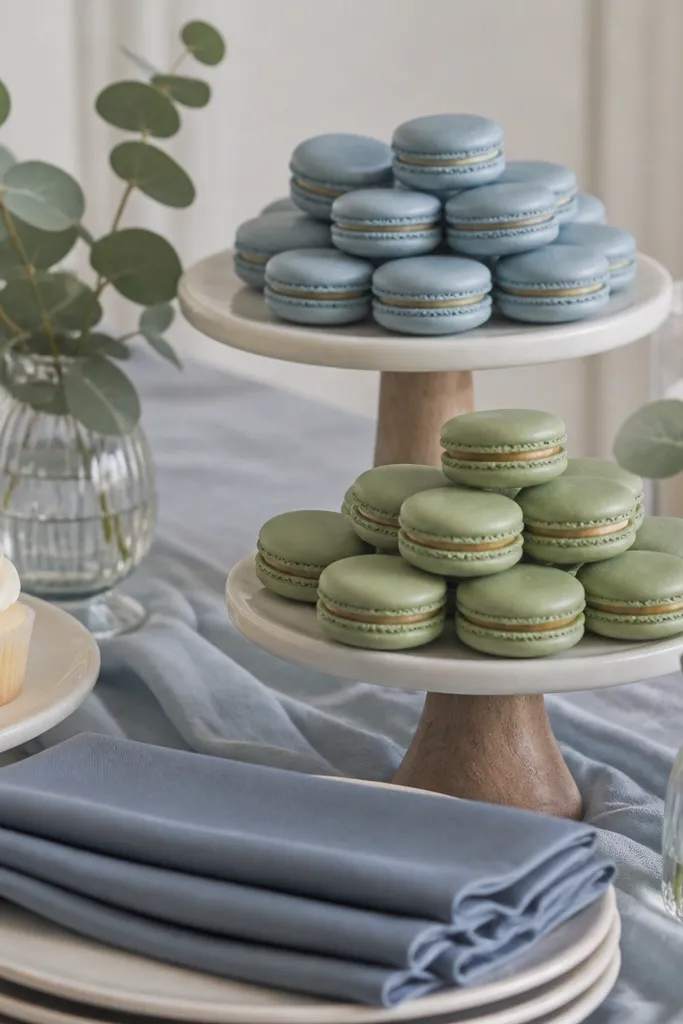 A dessert table with stacked stands holding dusty blue macarons and sage green macarons. There are cream cupcakes, eucalyptus sprigs in small glass jars, and dusty blue napkins folded near the plates.