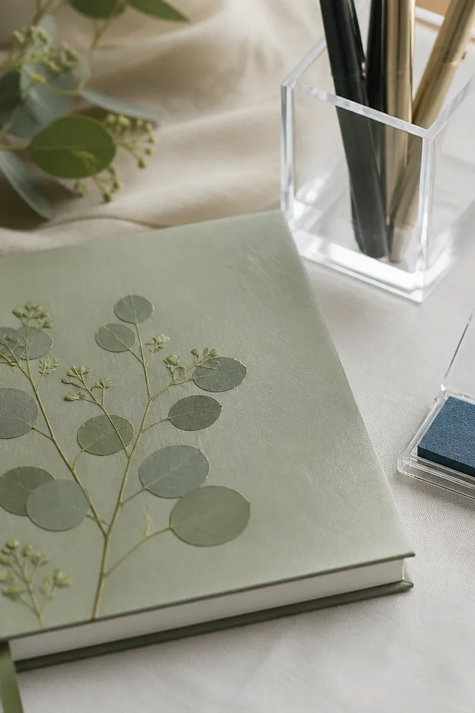 A sage green guestbook lying on a table with a clear acrylic pen holder. Pressed eucalyptus leaves are tucked into the cover, and a dusty blue ink stamp pad sits beside a set of pens.