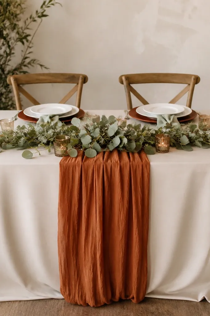A sweetheart table featuring a burnt orange crepe runner across a cream cloth. Low sage eucalyptus sprays arc gently over the center. Terracotta round chargers sit under white plates, with sage napkins and small copper-toned candle holders.