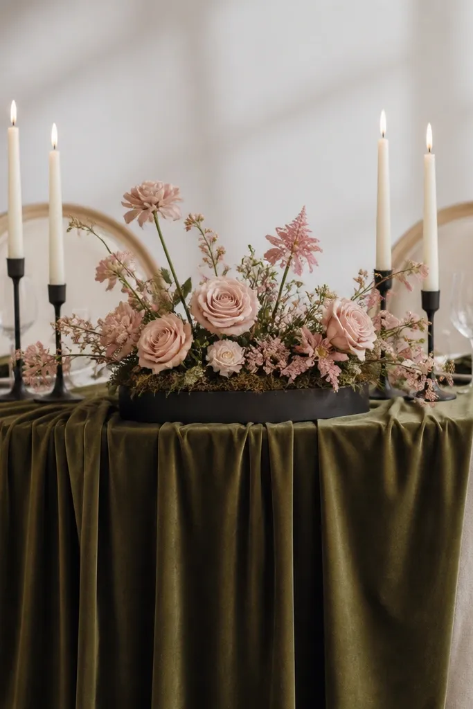 A sweetheart table with a deep olive velvet runner draped in soft folds. Blush roses and dusty pink flowers sit in a shallow moss-filled tray. Two short candle clusters sit behind the flowers in matte black holders.