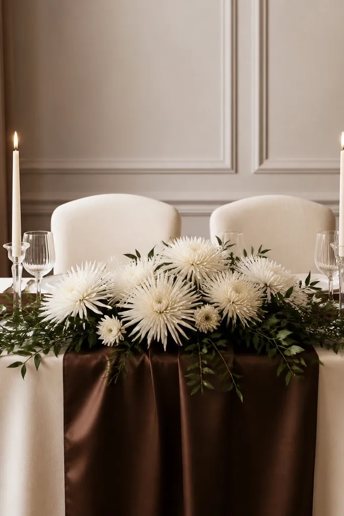 A sweetheart table with a chocolate-brown satin runner over an ivory tablecloth. Pearl taper candles stand in clear glass holders. White spider mums spread outward from a low base, with dark greenery framing the center.