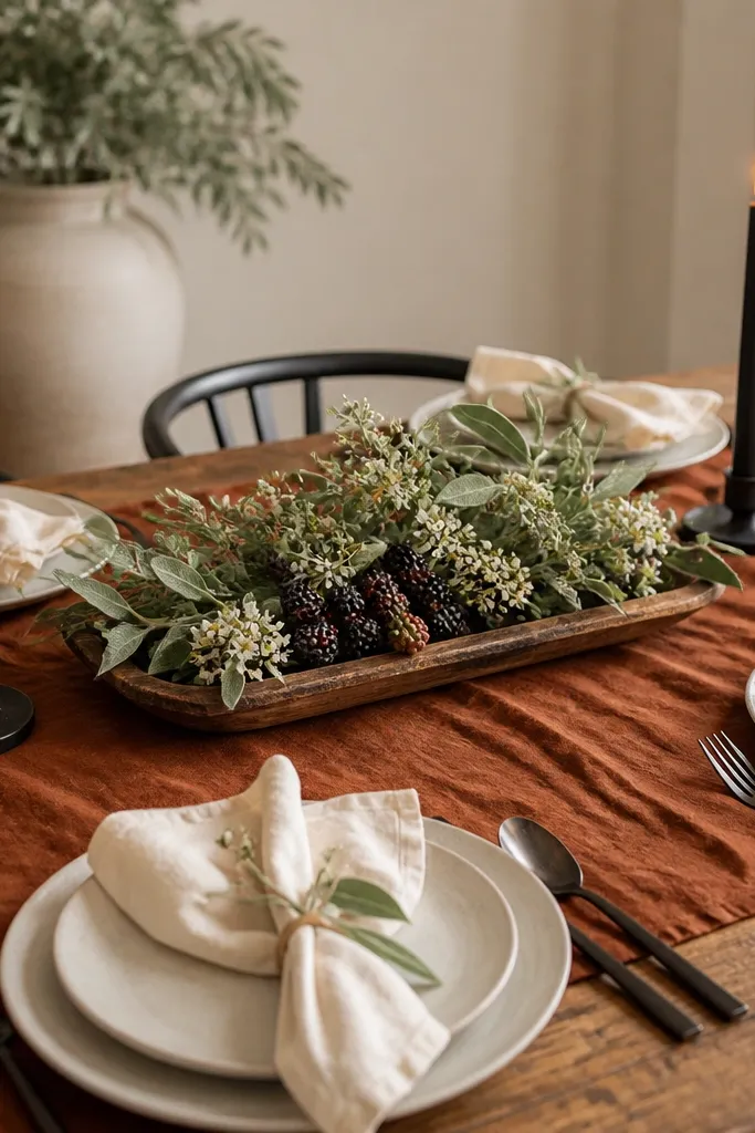 A rust-colored linen table runner with small blackberries tucked into a shallow tray centerpiece. Sage leaves and small white blooms fill the tray. Black taper candles sit on either side, and the place settings use cream napkins.