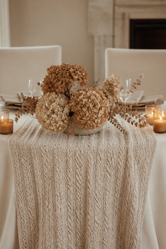 A sweetheart table with an oatmeal knit runner laid over a warm white cloth. Dried hydrangea heads in caramel and tan tones sit in a low arrangement. Caramel-colored candles glow in glass votives, and the chairs have simple neutral chair covers.