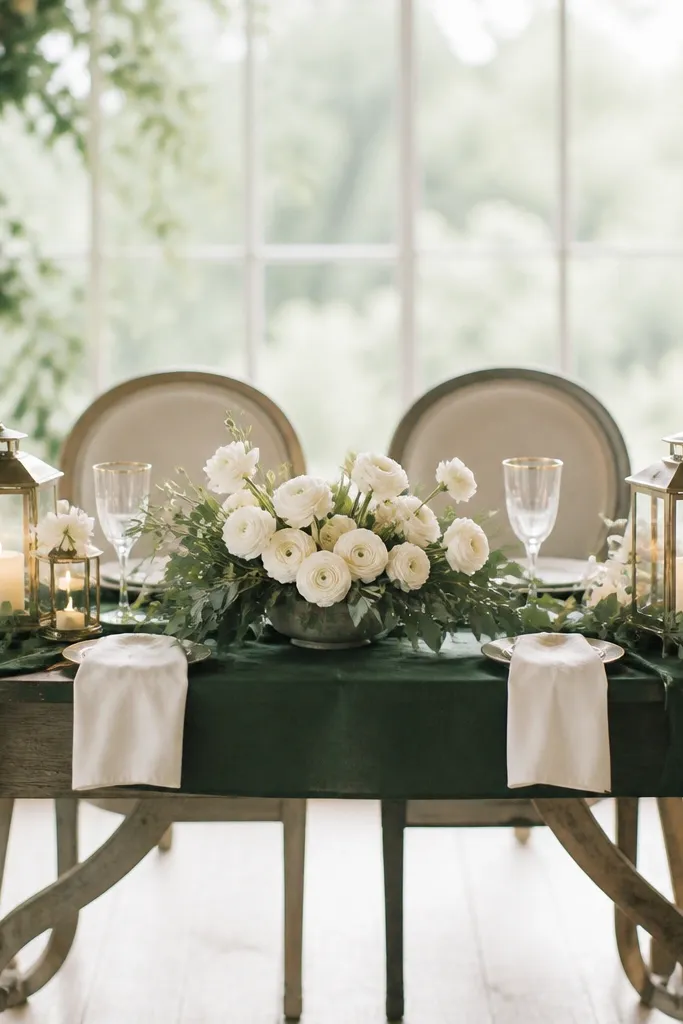 A sweetheart table with forest green linen covering the runner and part of the table. Cream ranunculus sit in a low arrangement. Soft lanterns with warm candles flank the centerpiece, and the napkins are cream.
