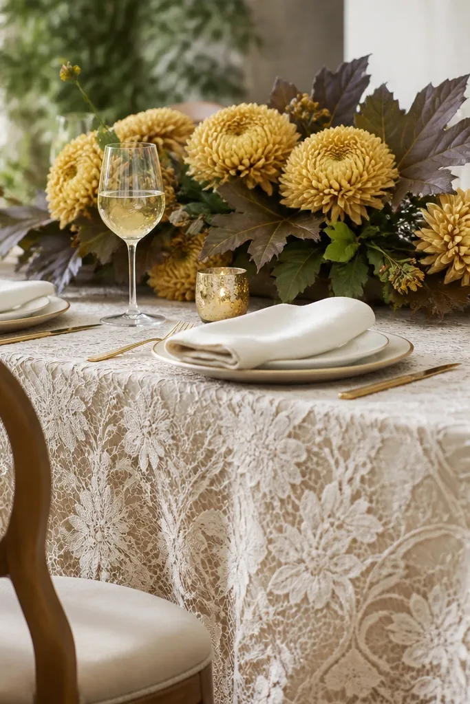An ivory lace overlay draped over a tablecloth. Golden mums form a low centerpiece, and fig leaves with dark edges add depth. Small gold candle holders sit along the table, and the napkins are ivory.