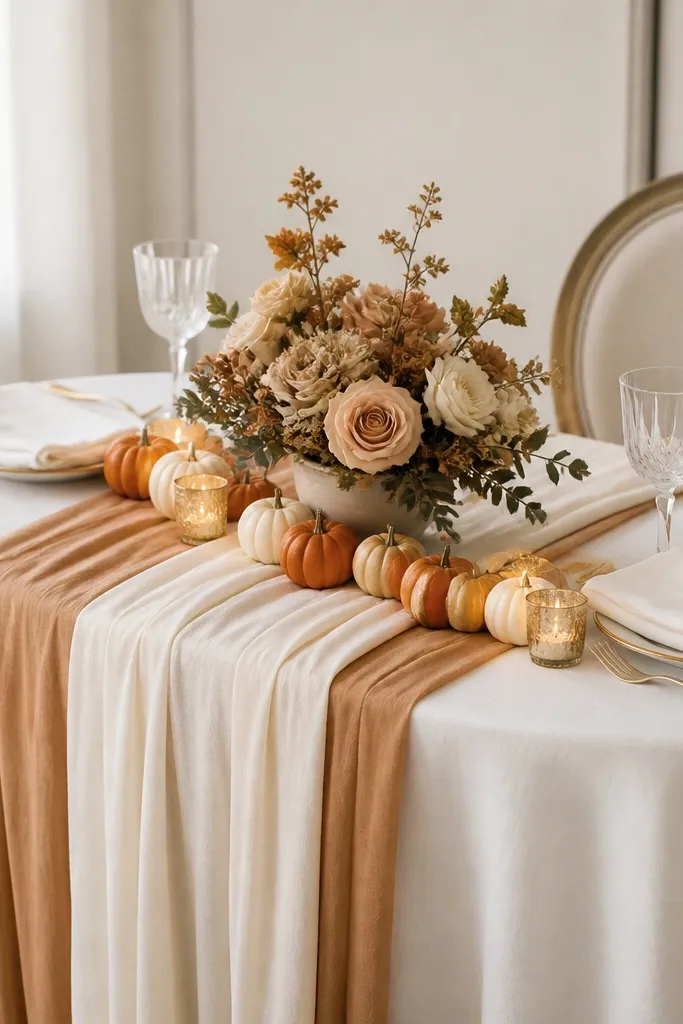 A sweetheart table with two runners - one camel and one cream - layered. Mini pumpkins sit along the center line next to a low floral arrangement. The candles are short and gold, and the napkins are cream.