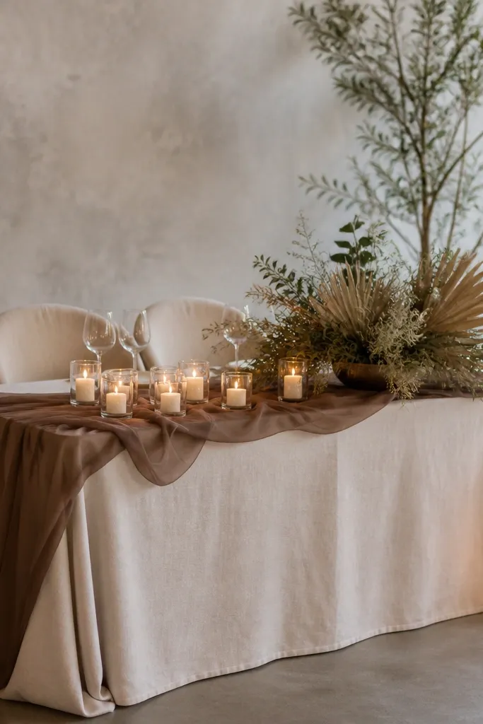 A sweetheart table with a mocha-brown chiffon runner draped lightly. Dried palm fronds and airy greenery sit in a low arrangement. Many tea lights in clear holders cluster near the center, with warm candlelight glow.