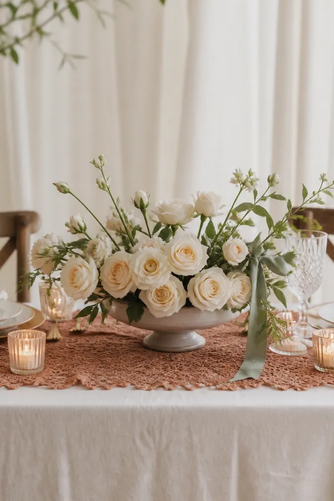 A sweetheart table with a terracotta crochet runner over a cream cloth. Cream roses sit in a shallow centerpiece. Sage ribbon bows are tied around some stems and at place settings, and cream candles glow in small holders.